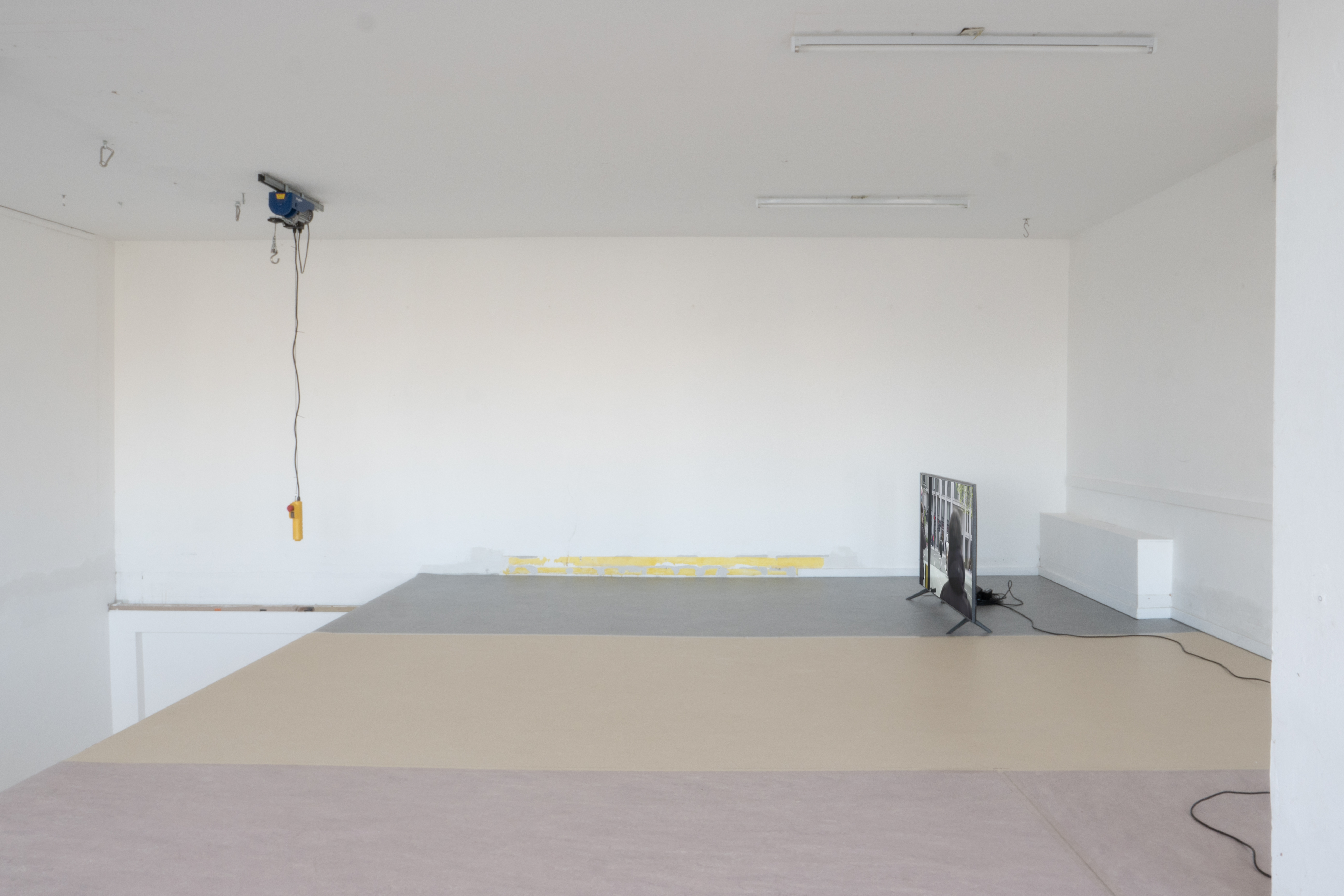 television in the corner of a room, with two horses on the screen