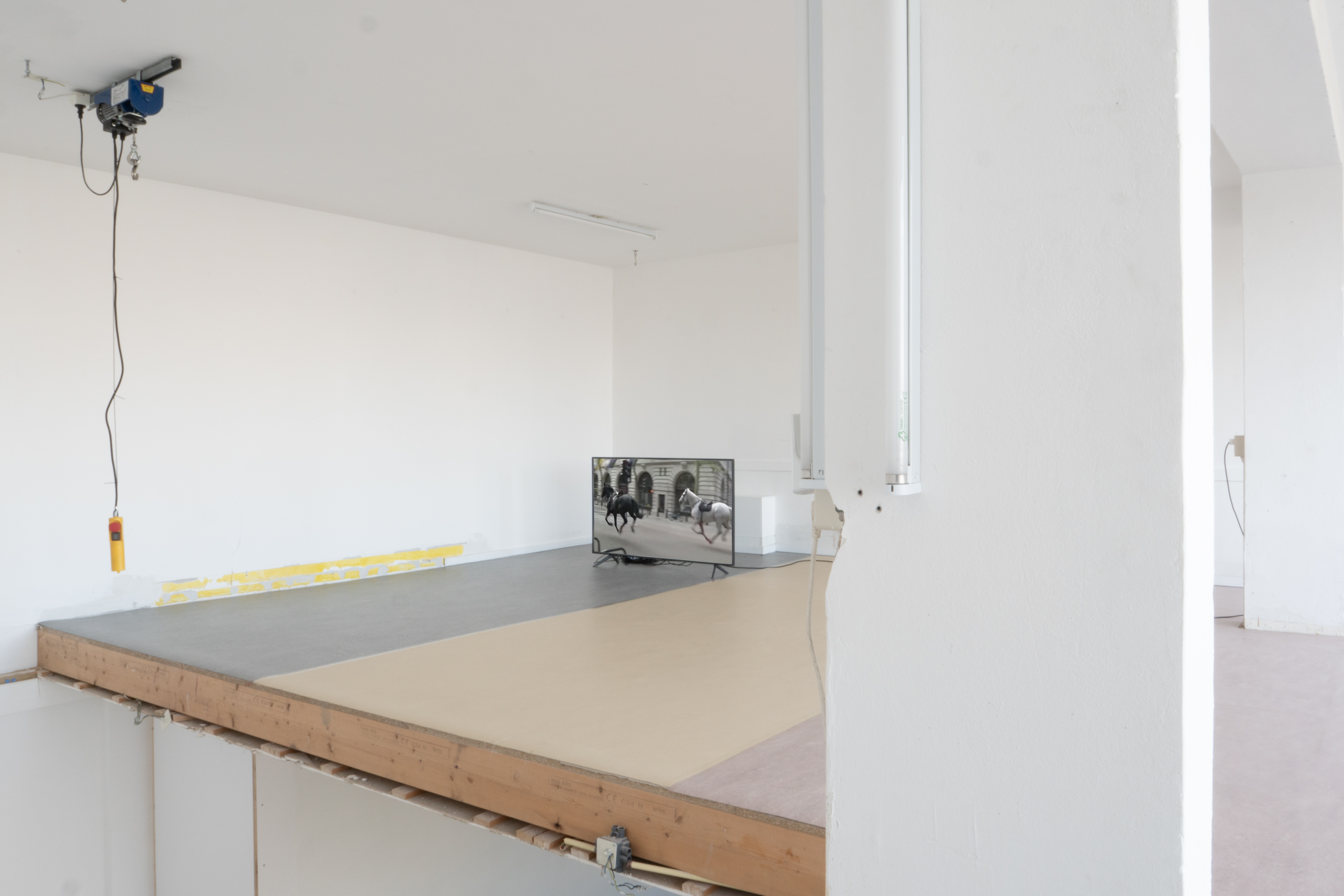 television in the corner of a room, with two horses on the screen